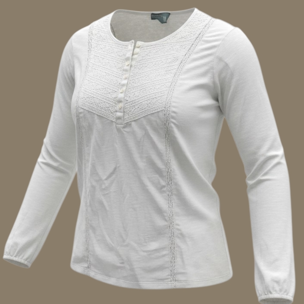 LAUREN RALPH LAUREN | Cream Lace Yoke Henley Long Sleeve Pearl Cotton Top | XL